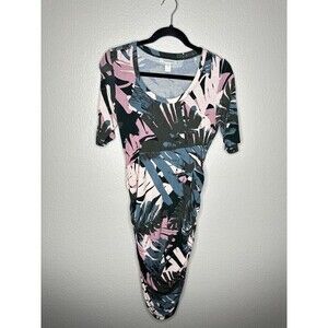 Motherhood Maternity Dress Womens Small Ruched Tropical Leaf Print Summer Casual